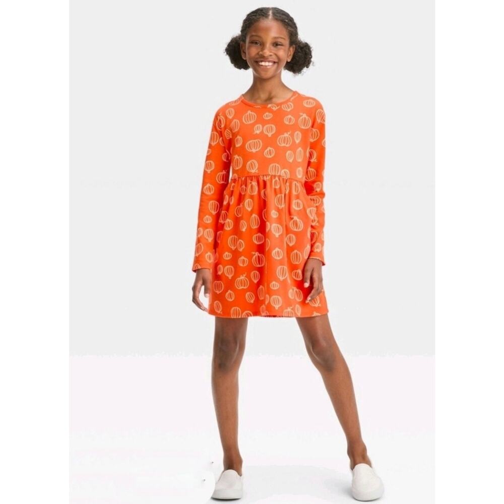Cat & Jack Pumpkin Print Long Sleeve Dress Large 10/12 Orange Thanksgiving